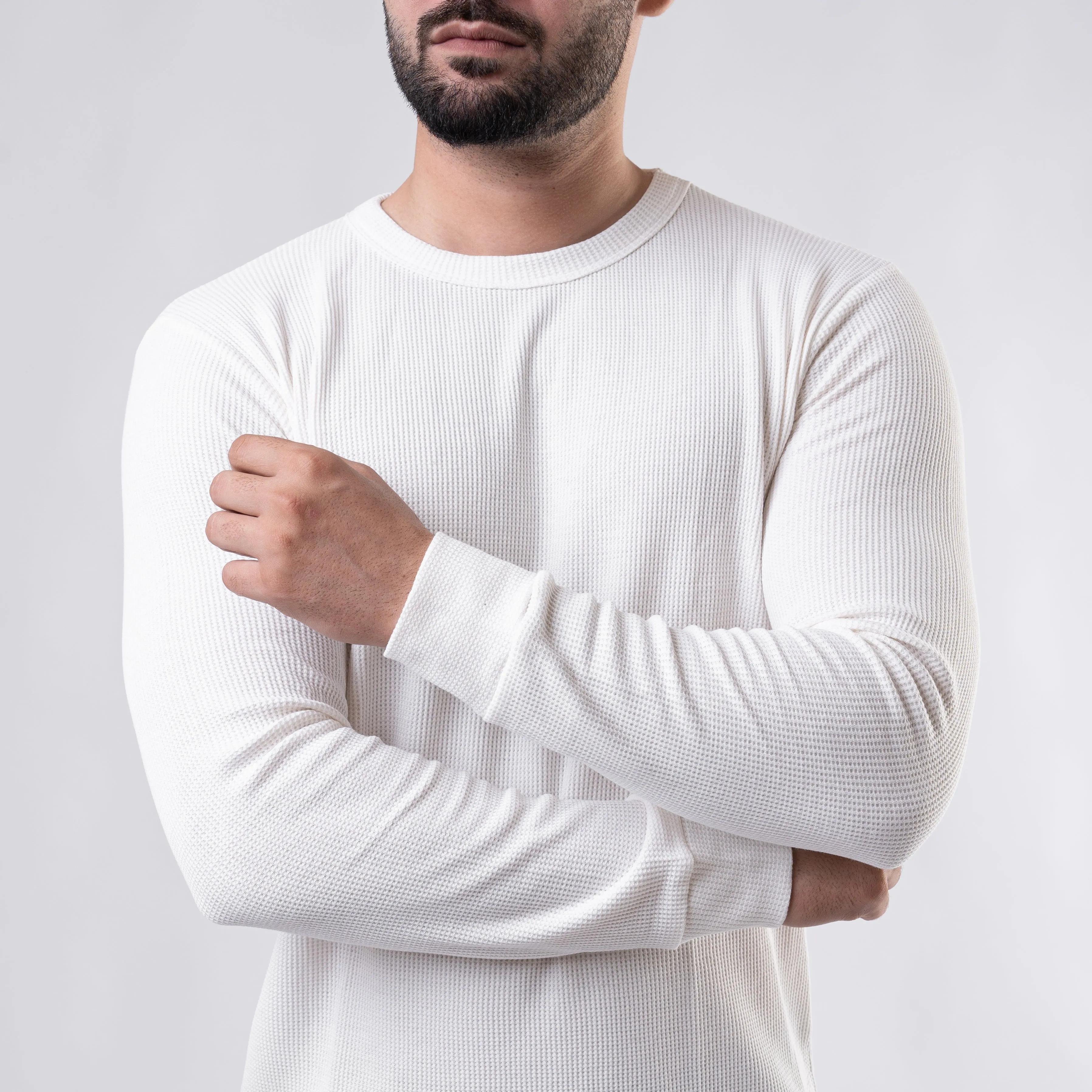 White Thermal Full Sleeves Waffle-Knit