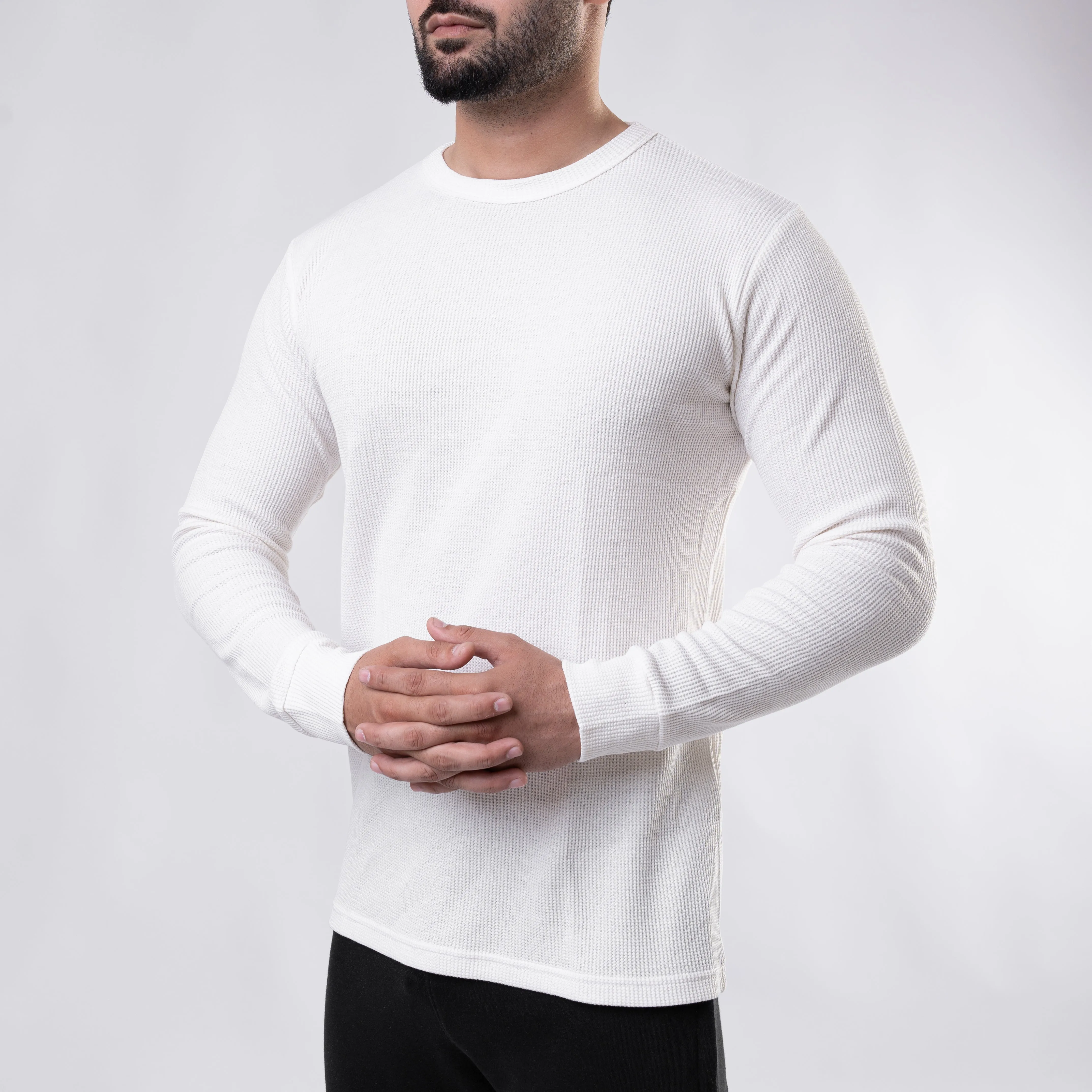 White Thermal Full Sleeves Waffle-Knit