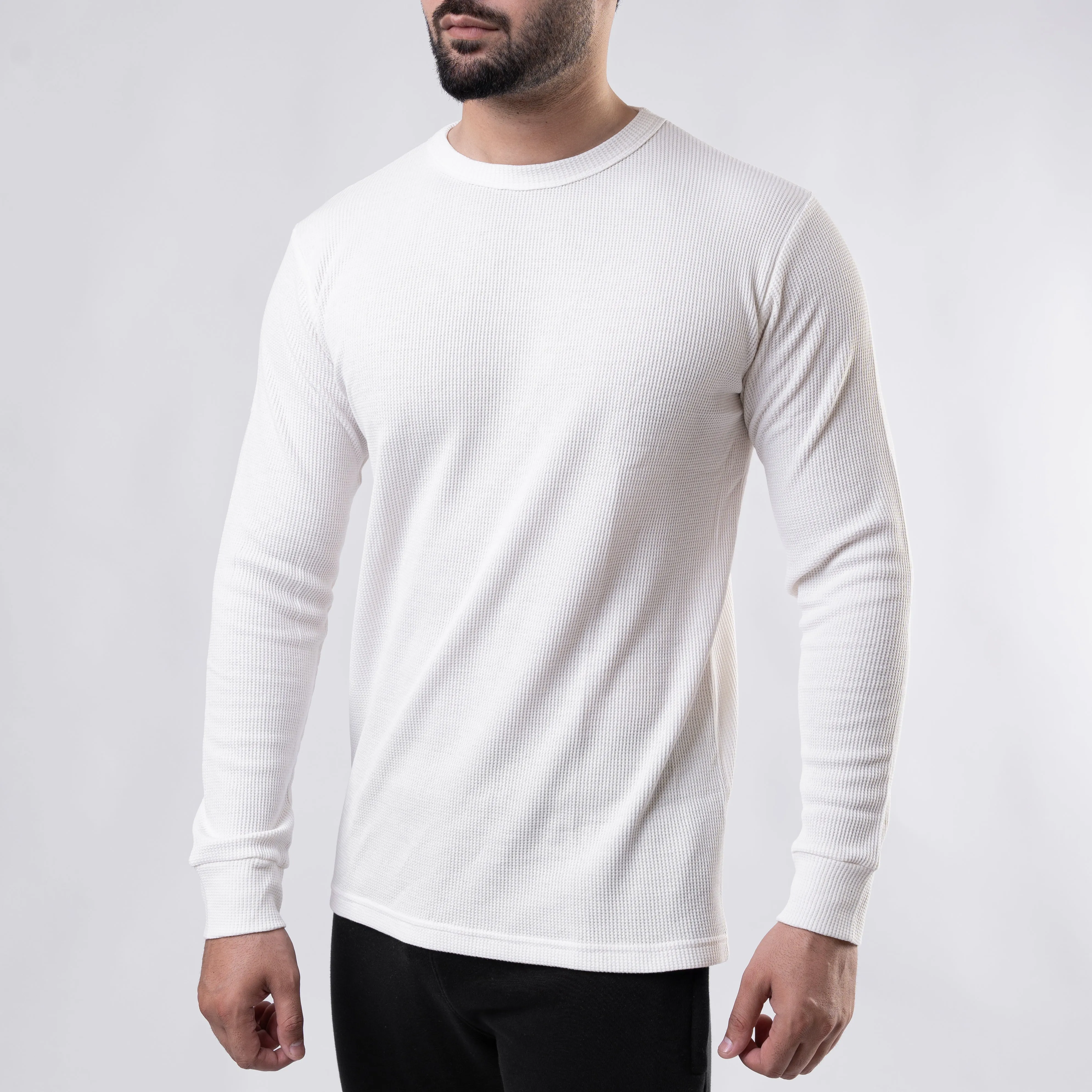 White Thermal Full Sleeves Waffle-Knit