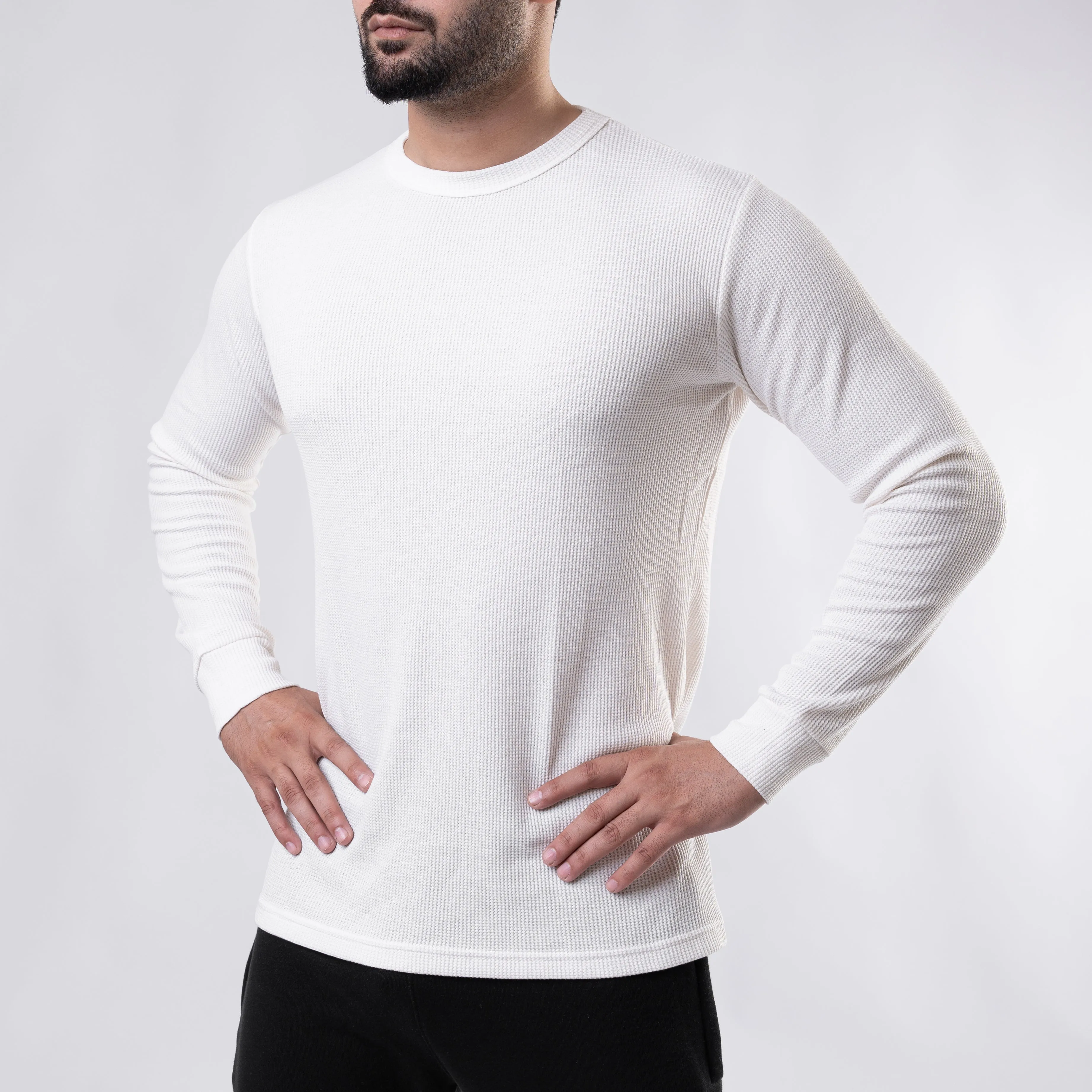 White Thermal Full Sleeves Waffle-Knit