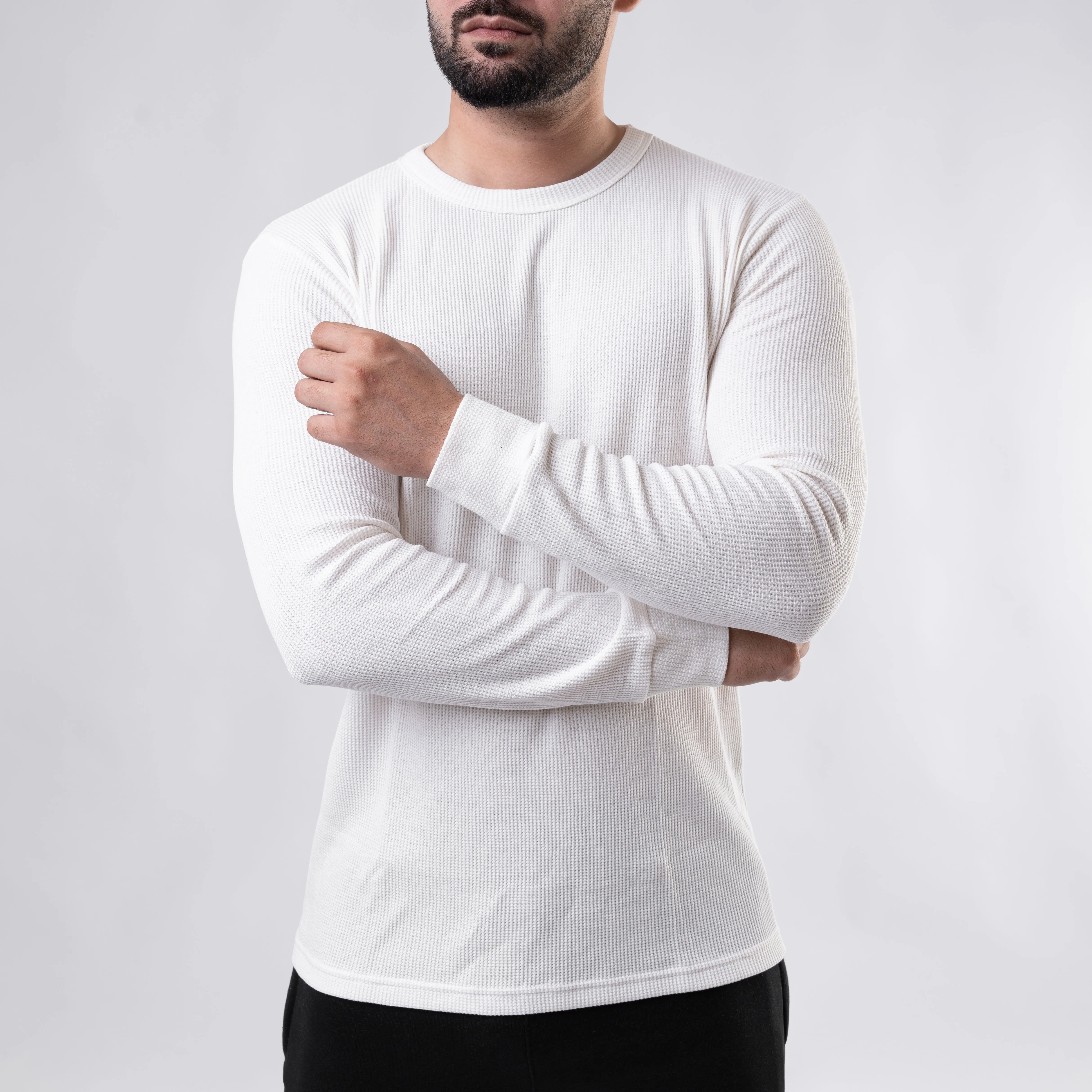 White Thermal Full Sleeves Waffle-Knit