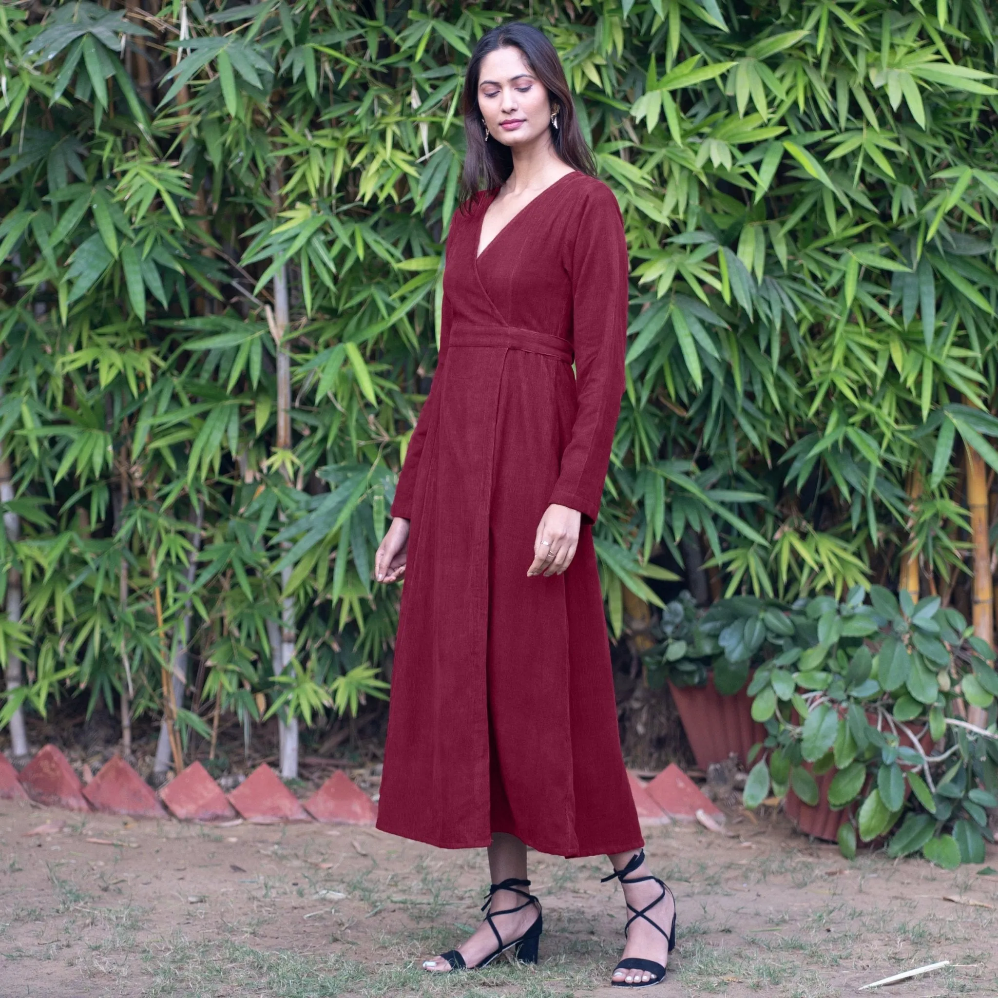 Wine Warm Cotton Corduroy Deep Neck Midi Wrap Dress