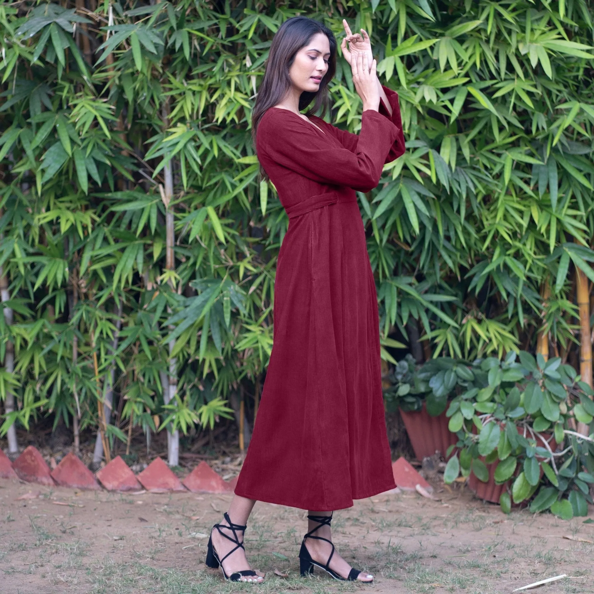 Wine Warm Cotton Corduroy Deep Neck Midi Wrap Dress