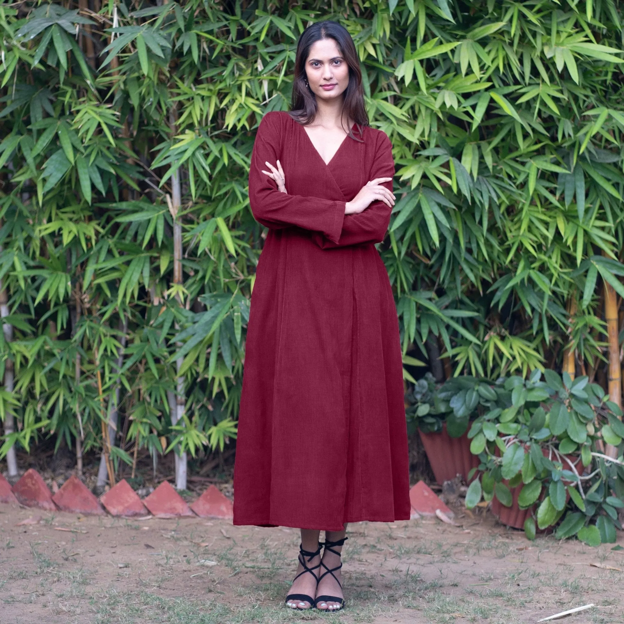 Wine Warm Cotton Corduroy Deep Neck Midi Wrap Dress