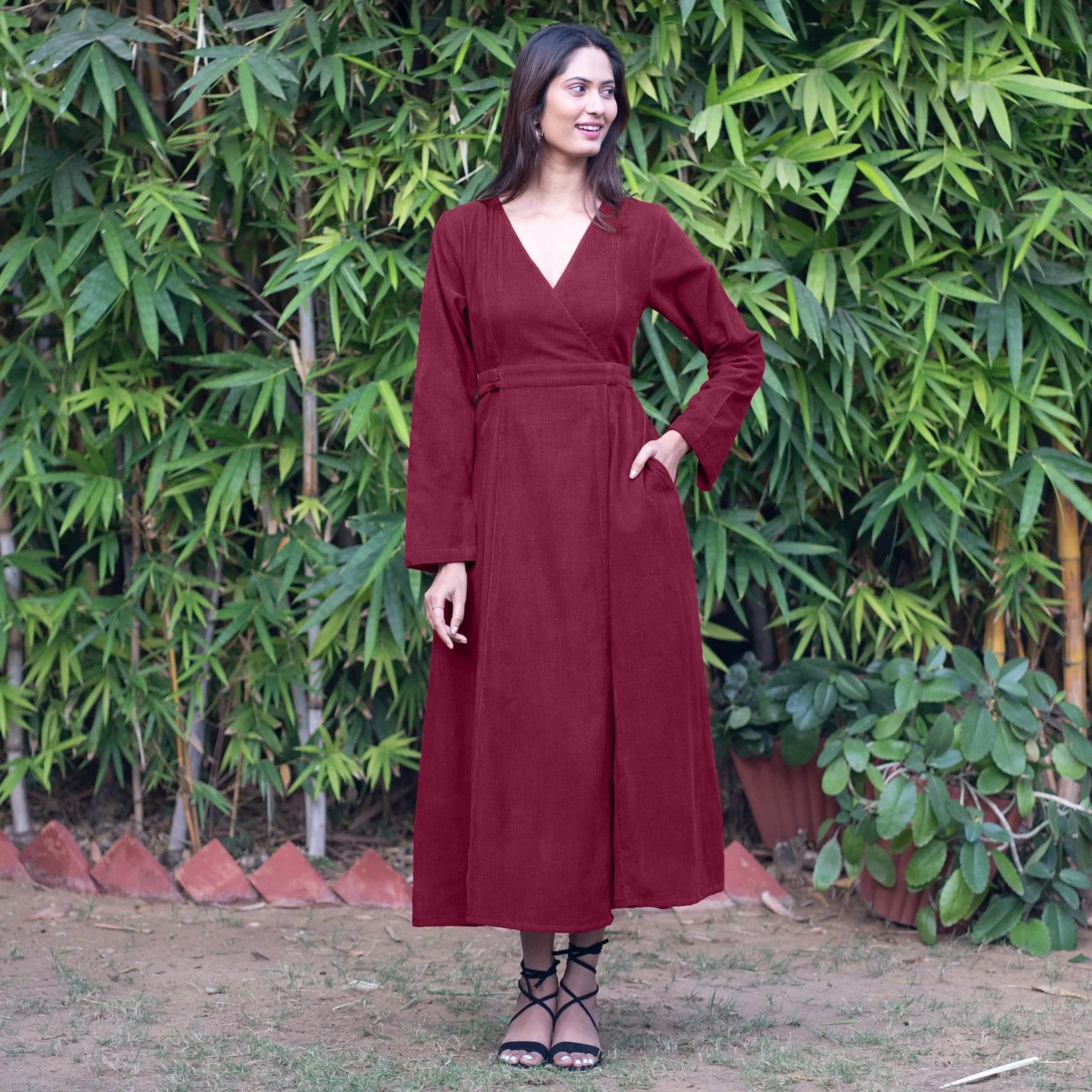 Wine Warm Cotton Corduroy Deep Neck Midi Wrap Dress