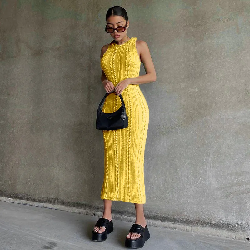 women knitted sleeveless round neck dress