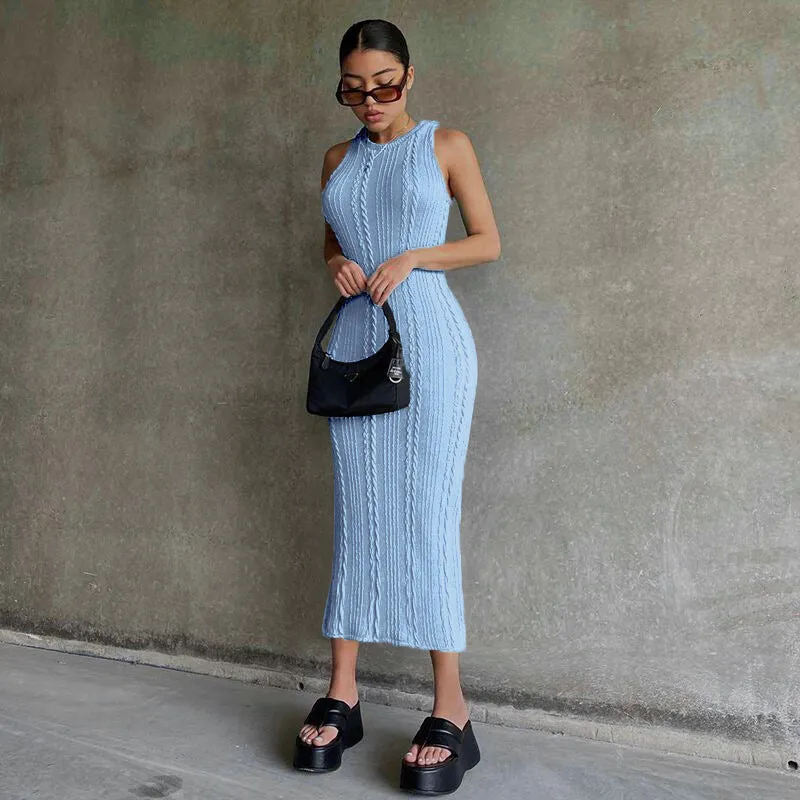 women knitted sleeveless round neck dress