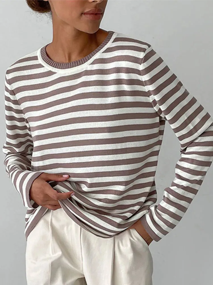 Women Striped Print Versatile Loose Fashion O-neck Long Sleeve Sweater