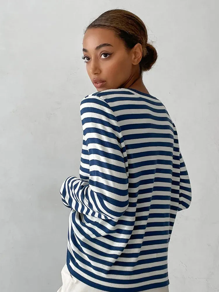 Women Striped Print Versatile Loose Fashion O-neck Long Sleeve Sweater