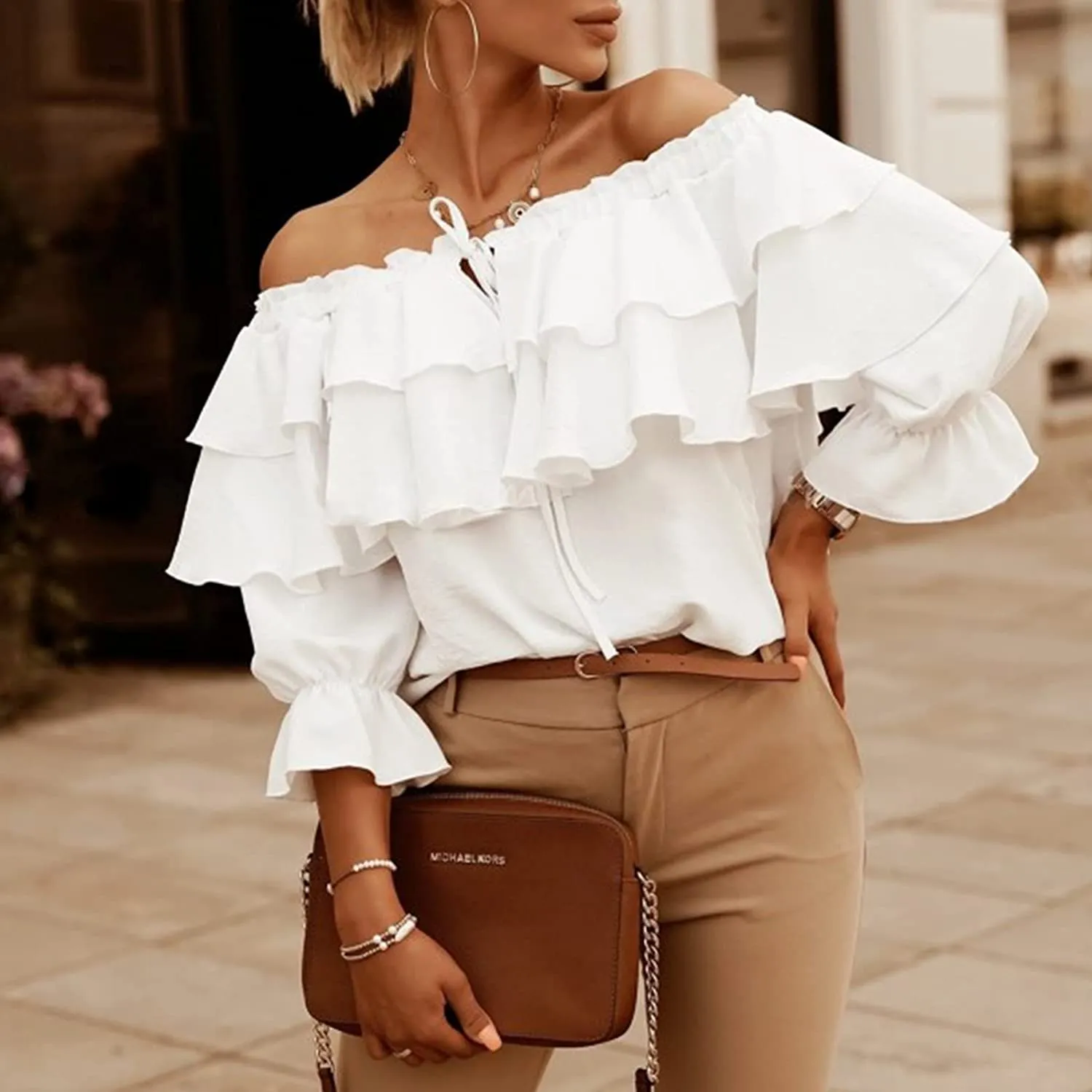 Women's Off Shoulder Ruffle Long Sleeve Shirt Casual Layered Top