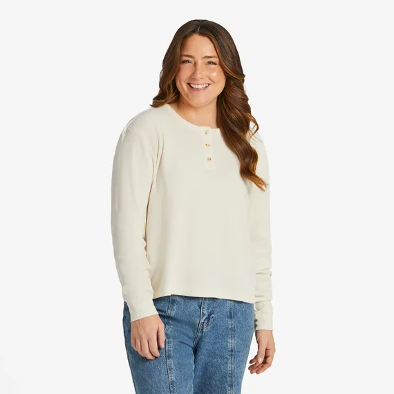 Women's Solid Boxy Thermal Long-Sleeve Henley - Putty White