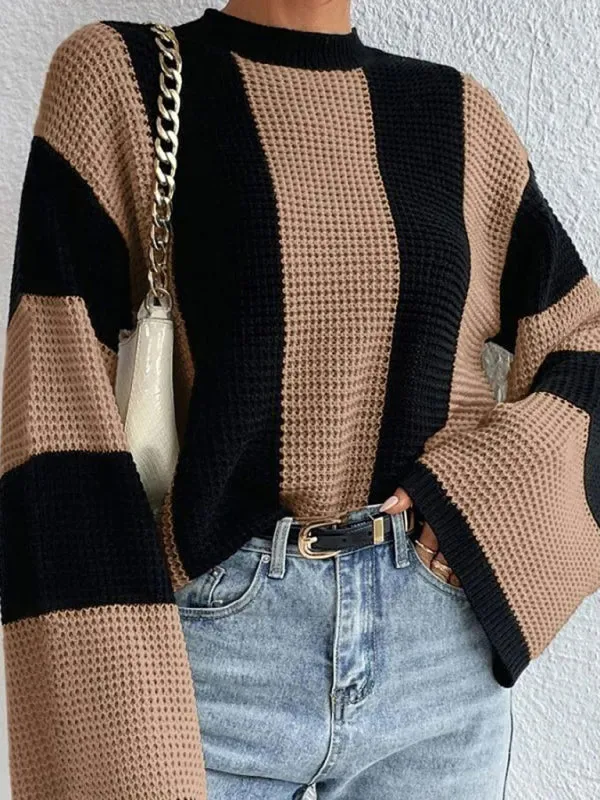 Women's tops round neck thick stitched wide striped sweater