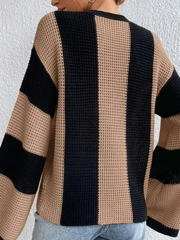 Women's tops round neck thick stitched wide striped sweater