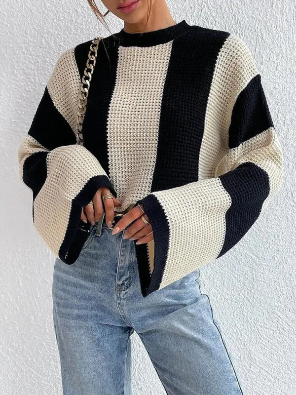 Women's tops round neck thick stitched wide striped sweater