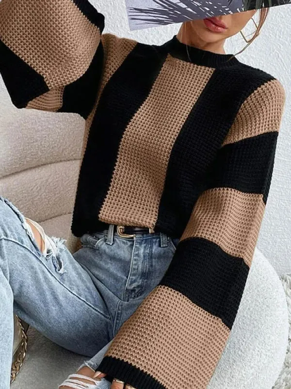 Women's tops round neck thick stitched wide striped sweater